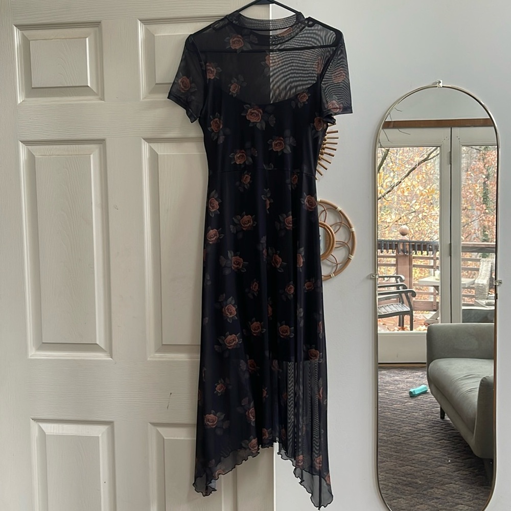 Rose print mesh dress, lined